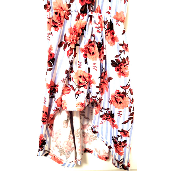 Blue White Striped Floral Assymetrical Off Shoulder HiLo Skirted Romper Size 4T - Picture 3 of 10